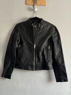 Mango Black Leather Moto Jacket with Zip Pockets